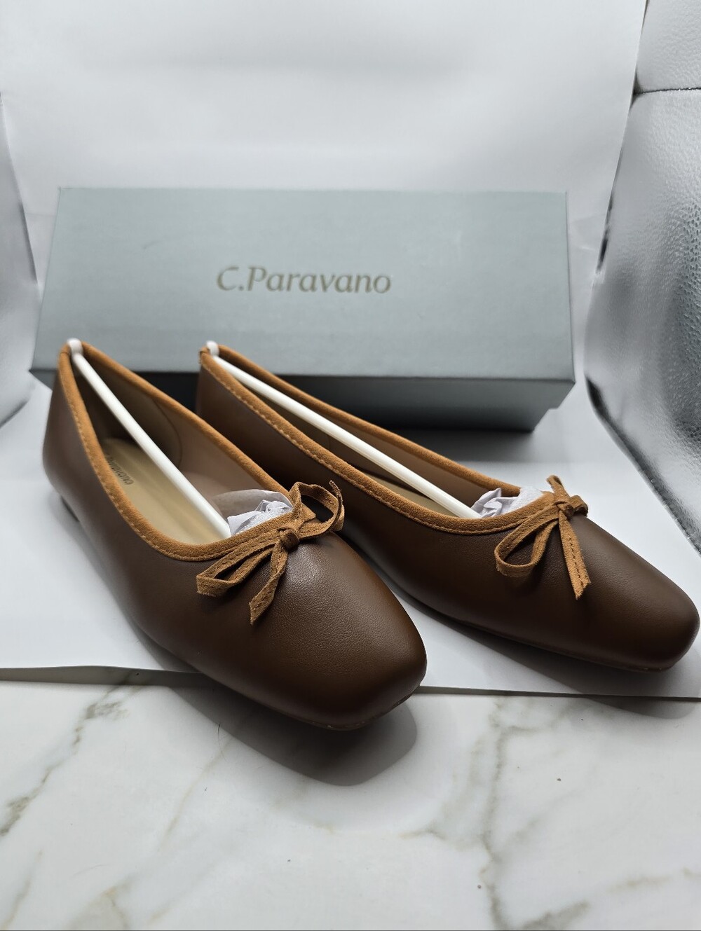 C. Paravano Brown leather Ballet Flats with bow Sz 38 (7.5 -8) new in box and 39